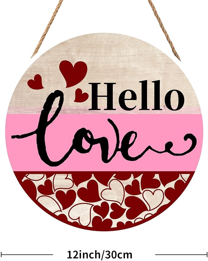 Valentine's Day Hello Love Door Sign For Front Door Decor,Red Heart Wooden Sign 12"x 12" Round Wood Hanging Door Sign Valentines Decoration for Wall Rustic Farmhouse Porch Decor