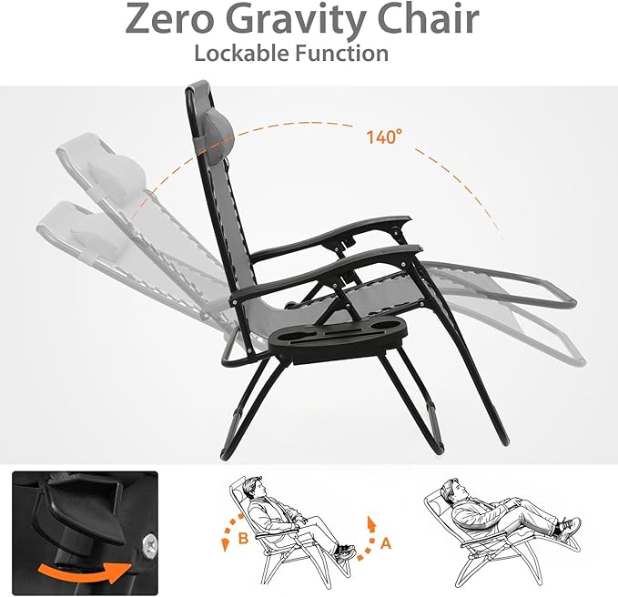Zero Gravity Chairs, Portable Folding Reclining Lounge Chairs with Adjustable Pillow and Cup Holder Trays for Outdoor, Patio, Beach, Camping, Garden, Poolside, Gray