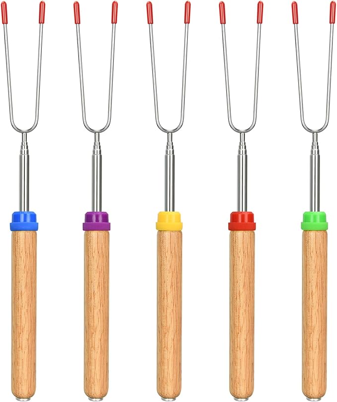 5 Pack Rotating Marshmallow Roasting Sticks, Rotating Roasting Sticks Extendable 30in Long Metal with Wooden Handle, for Marshmallow, Hot Dogs, Camping