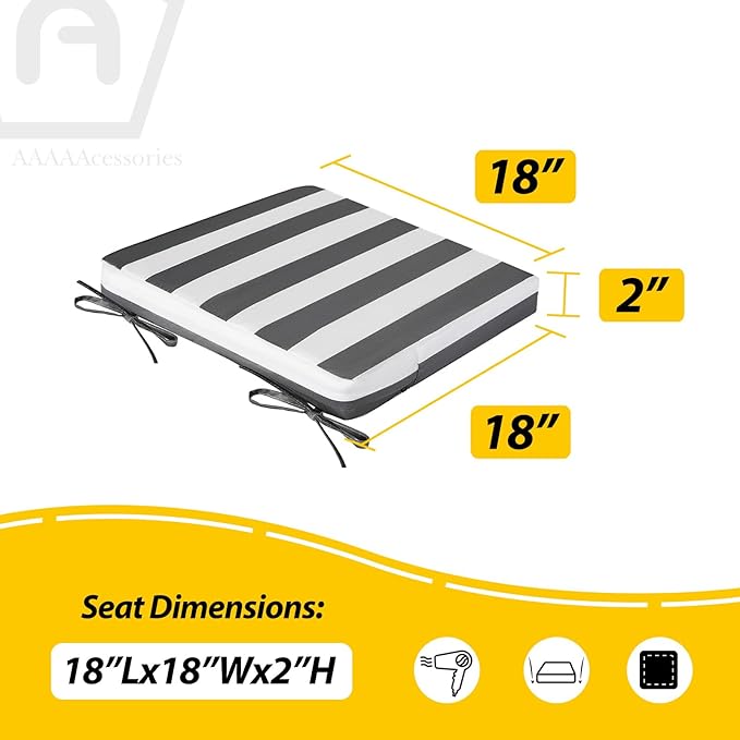 AAAAAcessories Outdoor Seat Cushions for Chairs, Waterproof, Fade-Resistant, 18" x 18" x 2", Patio Furniture Replacement Cushions, Set of 2, Gray Cabana Stripe