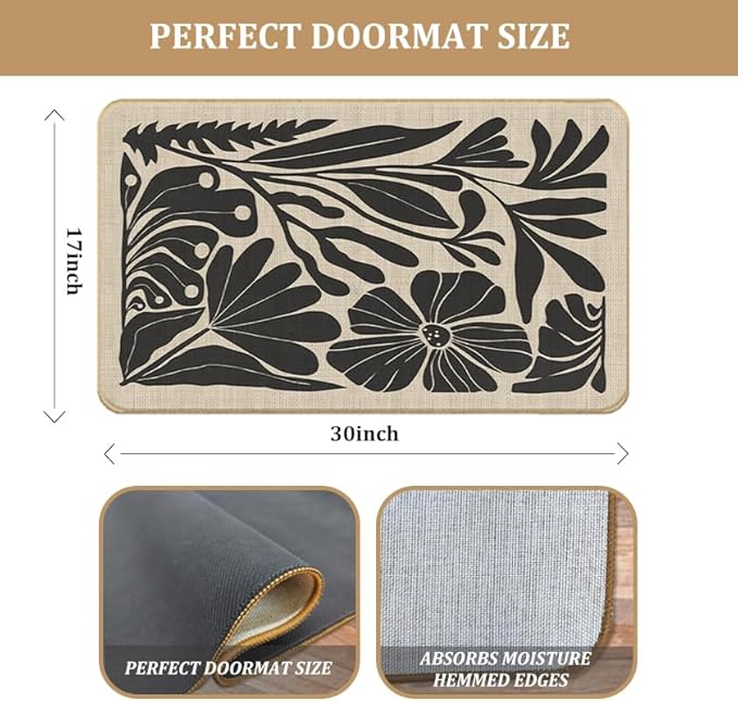 Boho Beige and Black Floral Door Mat - Bohemian Neutral Floral Front Door Welcome Mats Outdoor Entrance, 17x30 Rug