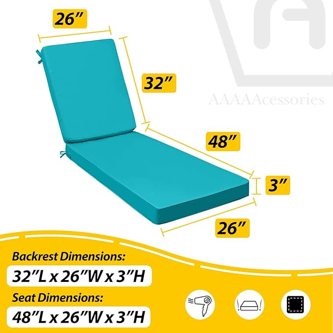 AAAAAcessories Outdoor Chaise Lounge Cushions, Fade-Resistant, Waterproof Patio Furniture Replacement Cushions, 80" x 26" x 3", Turquoise Blue