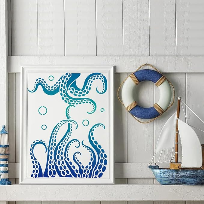 MAYJOYDIY 2pcs Octopus Tentacles Stencil 11.8×11.8inch Summer Sea Life Painting Stencils with Paint Brush Sea Creatures Bubbles Drawing Template for Bathroom Home Decor Walls Furniture