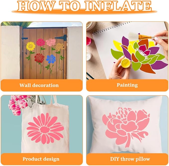 10PCS Large Flower Stencils for Painting, Wall Stencils for Painting, Giant Wall Stencil with Brushes Sunflower Floral Fence Stencil for Walls Garden Fence Furniture