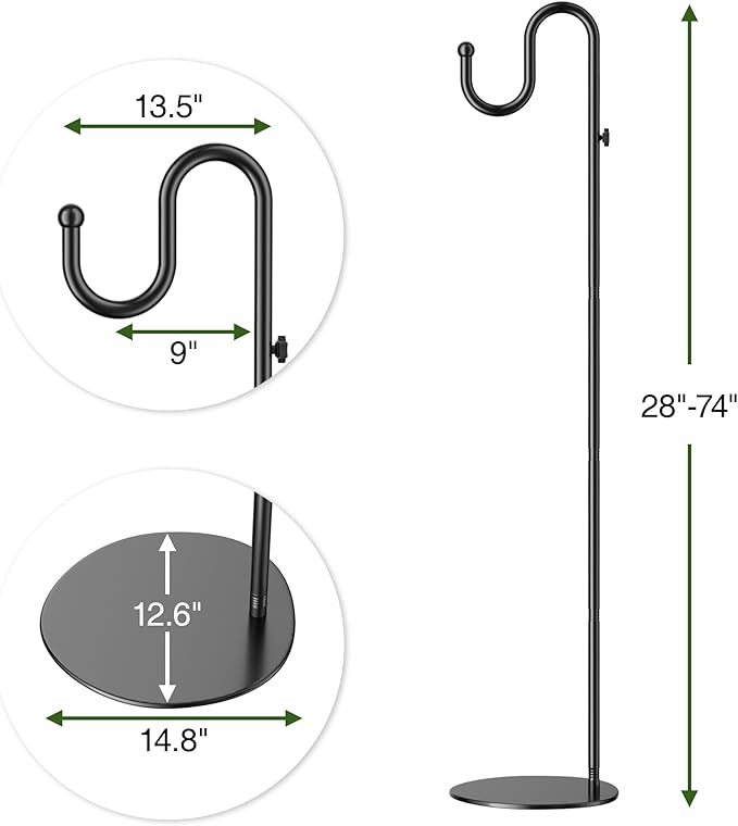 74" Shepherds Hook Stand: Hanging Wind Chimes, Bird Feeders, Plants, Lanterns and Wreath, Adjustable Free Standing Pole Holder with Heavy Duty Base for Indoor & Outdoor, Holds Up to 20 LBS