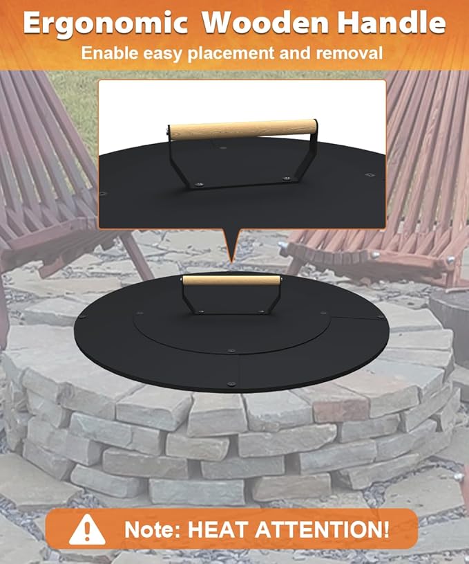 20" Wooden-Handle Fire Pit Lid for Pits up to 18", Round Metal Bonfire Pit Burner Pan Cover, Smokeless Fire Pit Cover for Fire Tables, All-Weather Resistance Outdoor Firepit Accessory