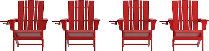 Flash Furniture Halifax Adirondack Chairs with Cup Holders, Weather Resistant Poly Resin Adirondack Chairs, Set of 4, Red