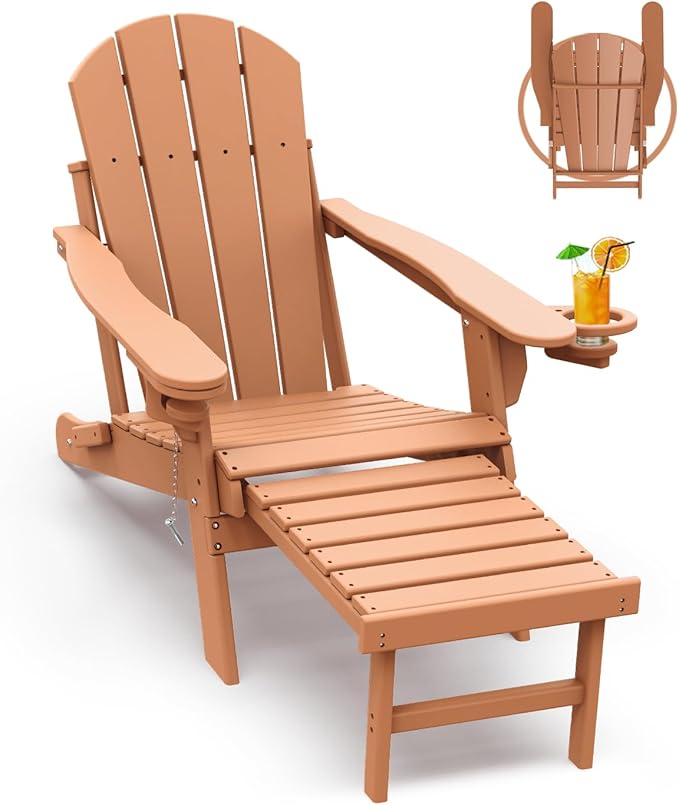 GREENVINES Adirondack-Chairs-with-Ottoman | Folding | Retractable-Footrest | HDPE Plastic | All Weather Fire Pit Chair | Cup Holders | Teak | for Outdoor Poolside