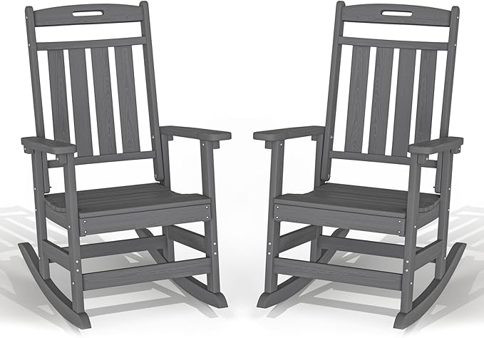 Plawdlik HDPE Rocking Chair,Oversized Outdoor Rocking Chair Set of 2,Patio Rocking Chair All Weather Resistant-Grey