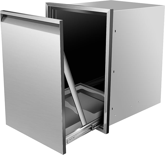 Built-in Double Trash Drawer 19" W x 27" H x 16" D Pull-Out Tray Outdoor Kitchen Stainless Steel Trash Drawer Storage Two Trash Bins for BBQ Island Grill Station