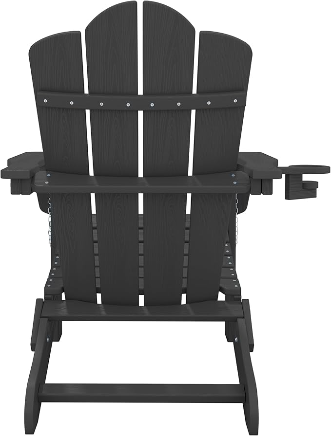 KINGYES Folding Adirondack Chair, HDPE All-Weather Patio Chairs with Cup Holder, Wooden Textured Fire Pit Chairs for Poolside, Backyard, Deck, Grey
