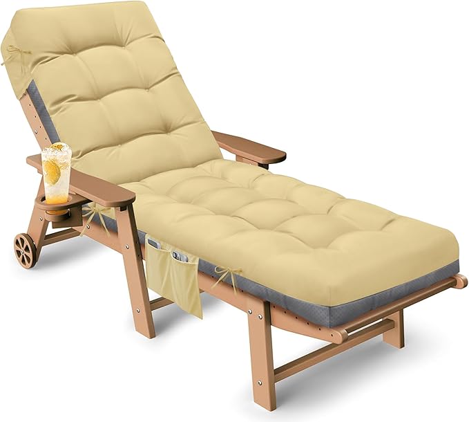 Outdoor Lounge Chair Cushion, Waterproof Replacement Chaise Lounge Cushions for Outdoor Furniture Thickened 71 x 22 x 4.7 Inches Non-Slip Patio Pool Lounge Chair Cushions with Ties (Khaki)