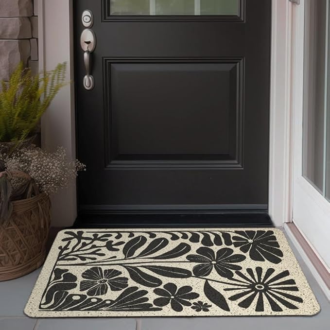 Boho Beige and Black Floral Door Mat - Bohemian Neutral Floral Front Door Welcome Mats Outdoor Entrance, 17x30 Rug