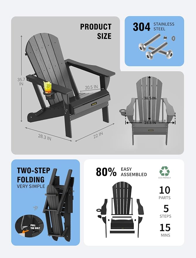Carauci Plastic HDPE Adirondack Chair, Folding Adirondack Chair Weather Resistant with Cup Holder, Wooden Textured Fire Pit Outdoor Chair for Garden, Porch, Lawn, Backyard, Supports 380LBS, Black