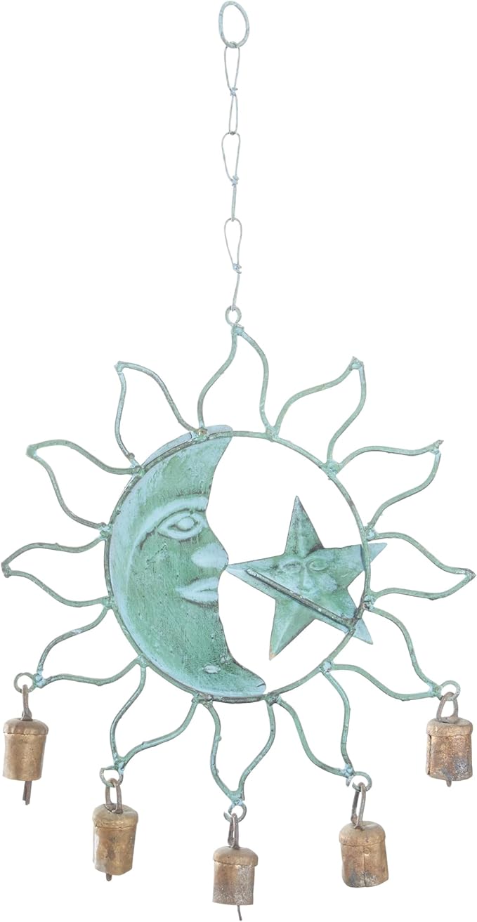 Deco 79 Metal Sun and Moon Windchime with Bells, 13" x 11" x 1", Turquoise