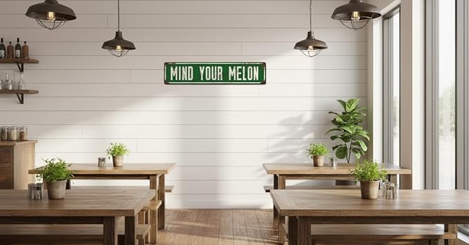 Metal Tin SignsMind Your Melon Funny Signs Vintage Sign Retro Tin Signs Aluminum Metal for Bedroom Kitchen Garden Wall Bab Club Coffee Hanging Sign Home Decor 4×16Inch