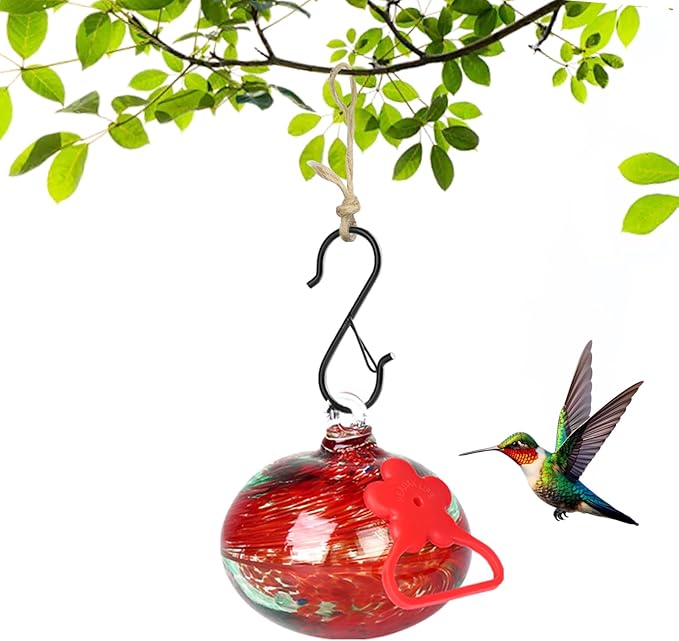 Small Hummingbird Feeders for Outdoors Hanging,Hand-Blown Glass Hummingbird Feeder with Silicone Feeding Perch,Never Leak,Gardening Gifts for Woman Man(Red)