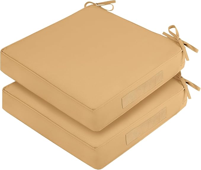 Waterproof Outdoor Chair Cushions Set of 2, Square Outdoor Seat Cushions with Ties and Removable Covers, 19 x 19 Outdoor Cushions for Patio Furniture with Portable Handle(Khaki)