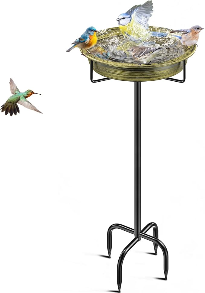 Freestanding Birdbaths Bowl Outdoor, Standing Garden Bird Bath Bird Feeder Bowl, Detachable Decoration Spa Birdfeeder for Garden Patio Yard Lawn (Retro Gold)