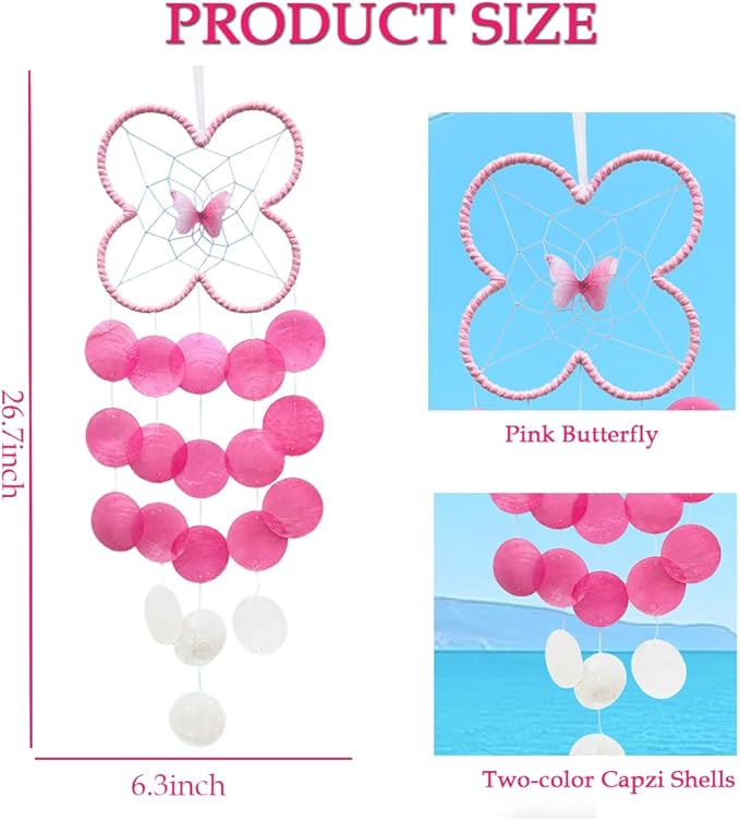 Chic Capiz Shell Wind Chime, Handmade Beach Wind Chimes for Outside, House Decoration for Courtyard, Window, Porch, Unique Gifts for Women (Pink)