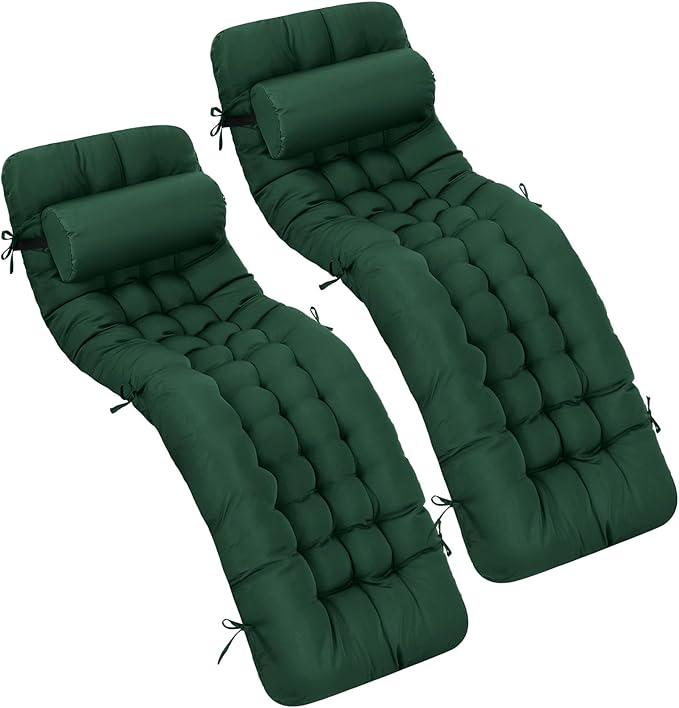 Tudomro 2 Pcs Dark Green 66'' Outdoor Chaise Lounge Cushion Waterproof Patio Lawn Pool Chaise Lounge Cushion with Headrest Pillow & Ties Weather Fade Resistant Replacement Longue Chair Pad