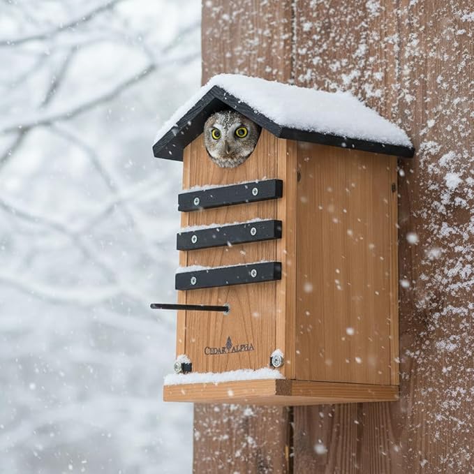 Cedar Screech Owl House Box, Squirrel House Nesting Shelter, Large Cedar Bird House for Outside, Rustic Big Birdhouse,Nesting Shelter Nester Heavy Duty, Stainless Steel Perch,Assemble Needed