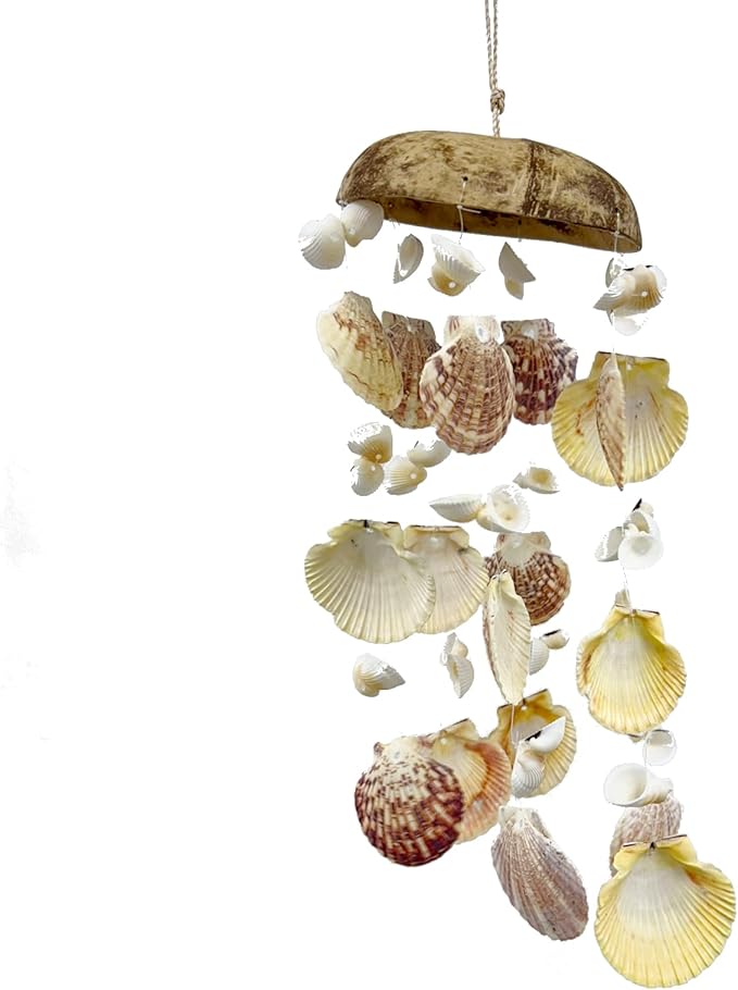 Seashell Windchime Coastal Hanging Decor – Clam Shell Coconut Beach Wind Chime Indoor Outdoor Patio Garden Gift 18”