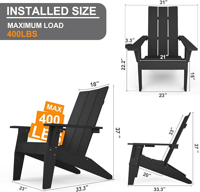 MXIMU Modern Adirondack Chairs Set of 2 Weather Resistant with Cup Holder Oversize Plastic Fire Pit Chairs Adorondic Plastic Outdoor Chairs for Firepit Area Seating (Black)