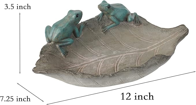 Bird-Feeder Wild Birdbath Bowl Outdoors - Garden Decor Birdfeeder for Outdoor Polyresin Frogs on Leaf Bath Bowl for Outside Yard Table Decor 12 x 7.25 x 3.5 inch Newman House Studio