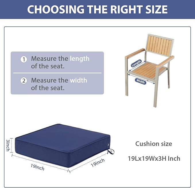 Outdoor Chair Cushions Set of 2, Waterproof Patio Chair Cushions, Outdoor Patio Furniture Replacement Seat Cushions, 19 x 19 x 3 inch, Blue