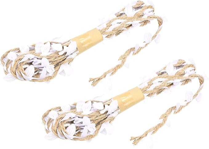 PATIKIL 6.6ft 5mm Burlap Leaf Ribbon, 2 Pack Braided Decoration Vine Natural Jute Rope Twine with Artificial Leaves for Jungle Wedding Party Home Garden Decor, White
