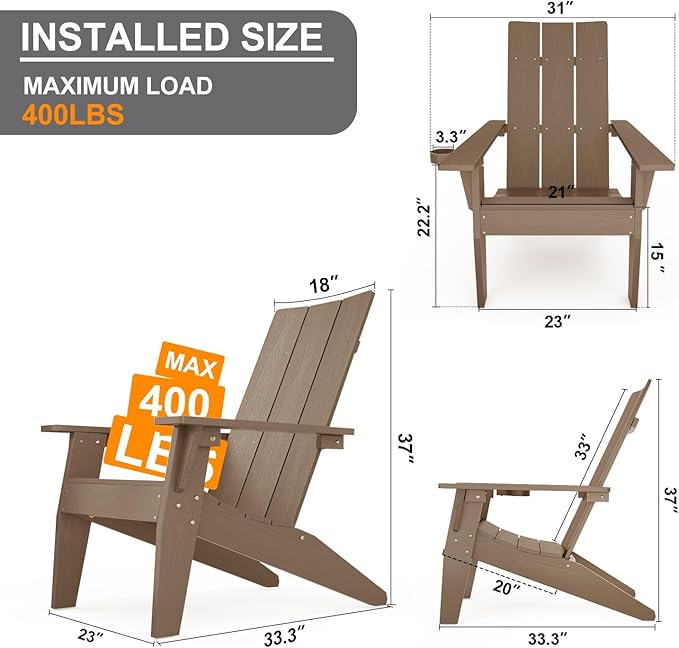 MXIMU Modern Adirondack Chair Weather Resistant with Cup Holder Oversized Fire Pit Chairs Adorondic Plastic Outdoor Chairs for Firepit Area Seating (Teak)