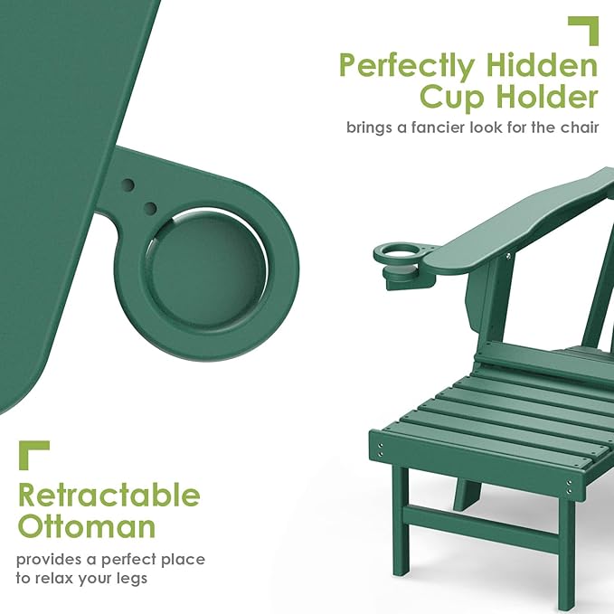 GREENVINES Adirondack-Chairs-with-Ottoman | Set of 4 | Folding | Retractable-Footrest | HDPE Plastic | All Weather Fire Pit Chair | Cup Holders | Forest | for Outdoor Poolside