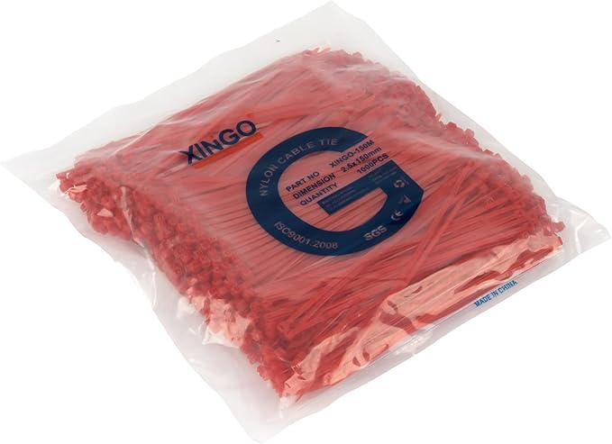 XINGO 1000 PCS 6 inch Cable Zip Ties, 18lb Strength, Small Tie Wraps Self-Locking Nylon Zip Ties for Indoor and Outdoor Use (Red)