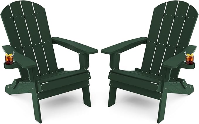 YEFU Adirondack Chair Set of 2, Folding Oversized Plastic Adirondack Chair with Cup Holder, Lawn Chair with Weather Resistant for Outdoor Deck Garden, Weight Capacity Up to 400 Lbs–Green