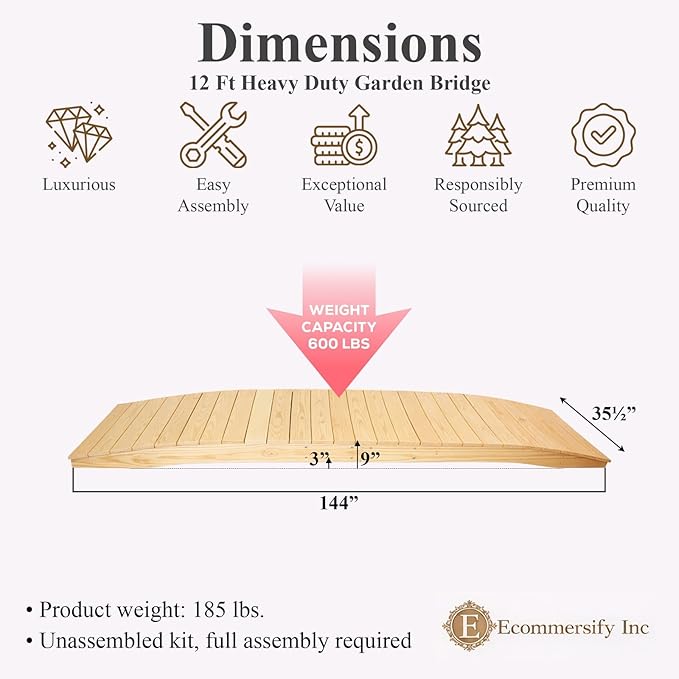 12 FT NATURAL Amish Made Pinewood Heavy Duty Garden Bridge for Walkway, Backyard Pond & Landscaping, Outdoor Wooden Footbridge for Koi Pond, Japanese Style Decorative Bridge, Made in USA