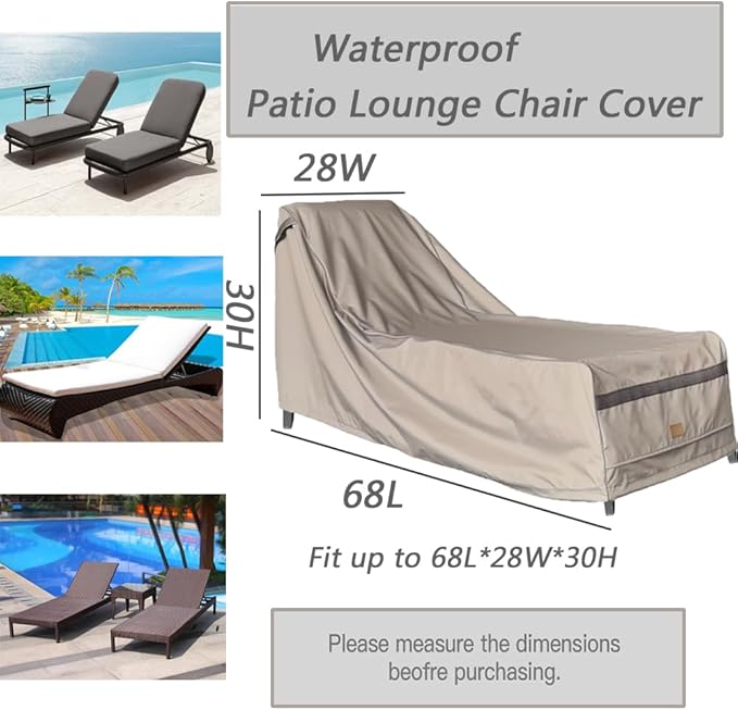 Patio Chaise Lounge Cover Waterproof,Heavy Duty Outdoor Lounge Chair Covers,Beige Durable Patio Furniture Covers,2Pack,68L*28W*30Hinch