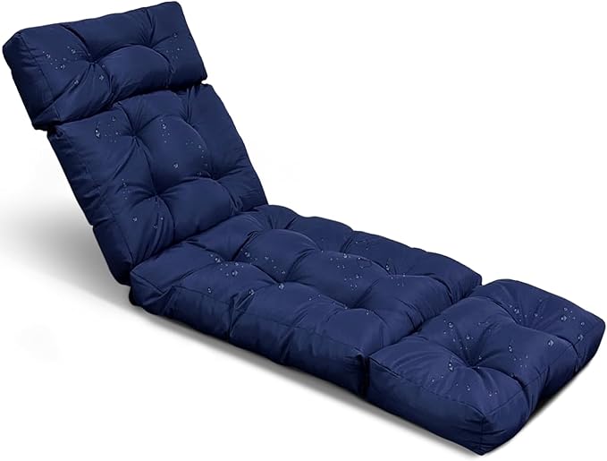 Outdoor Lounge Chair Cushion Waterproof Nave Blue Chaise Lounge Chair Cushions Replacment with Ties Non-Slip Folding Recliner Cushion for Indoor and Outdoor 75x24x3.9 Inch