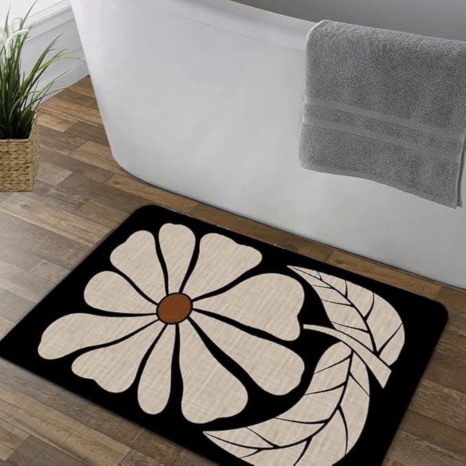 Boho Beige and Black Floral Door Mat - Bohemian Neutral Floral Front Door Welcome Mats Outdoor Entrance, 17x30 Rug