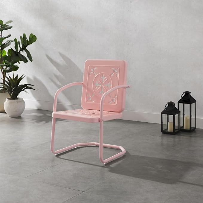 Crosley Furniture Azalea 2-Piece Outdoor Chair Set, Vintage Retro Metal Patio Chairs for Dining, Porch, Deck, Pastel Pink Gloss