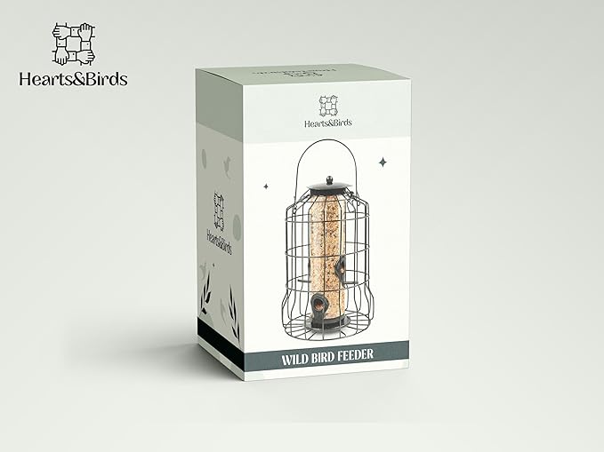 Hearts&Birds Squirrel Proof Bird Feeder Outdoors Hanging with Anti Collision Window Stickers for Birds - 360° Feeding Perch with Large Capacity for Wren Finches Chickadees Cardinal Wild Birds