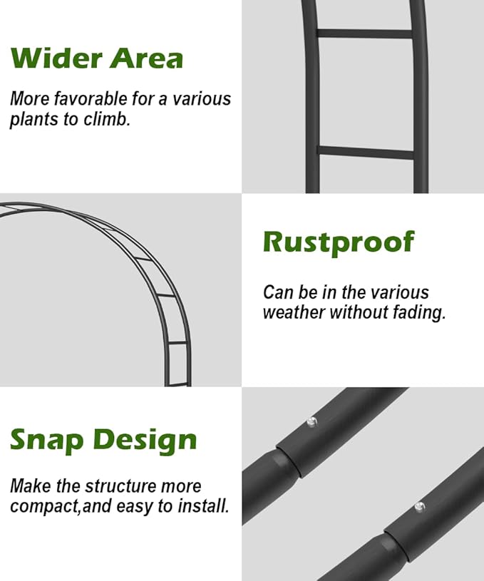Queension Metal Wedding Arch for Ceremony Party Decoration 7Ft Wide 7.7Ft High,Garden Arch Trellis with Ground Bases for Climbing Plants,Outdoor Garden Arbor for Roses Vines, Round Frame, Black