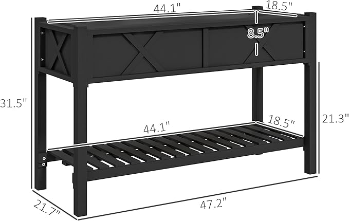 Outsunny Raised Garden Bed, Elevated Wood Planter Box with Storage Shelf, Drainage Holes and Liner for Backyard, Patio, Balcony, 47 x 22 x 31.5 in, Black