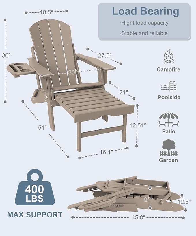 Adjustable Adirondack Chair with Retractable Ottoman Set of 4, HDPE Folding Adirondack Chair with Cup Holder, All Weather Fire Pit Chair for Outdoor.