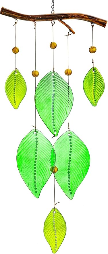 Glass Wind Chimes for Outside,Unique Handmade Windchimes Outdoors with Stained Glass Leaves for Home Window Garden Yard Patio Decor,Green 20"