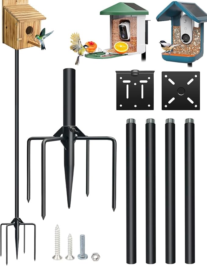 QwayHome Smart Bird Feeder Pole Kit, 80 Inch Bird House Pole Mount Kit for Outdoor Smart Bird Feeder & Wooden Birdhouse & Weather Station,1Inch Dia Poles,Heavy Duty, Adjustable, 5-Prong Base