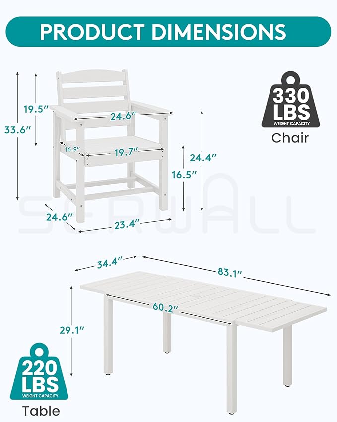 SERWALL 5-Piece Outdoor Table and Chairs, 60" - 83" Expandable Outdoor Dining Table with Aluminum Frame & HDPE Tabletop, All Weather HDPE Patio Furniture Set for Backyard, Garden, White