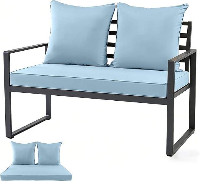 Outdoor Loveseat Cushion Set for Patio Couch/Sofa, 46 x 26 Inch Waterproof & Fade Resistant Patio Furniture Chiar Cushions with Removable Cover (Sky Blue, 46''Lx26''Wx4''H-Loveseat Cushion Set)