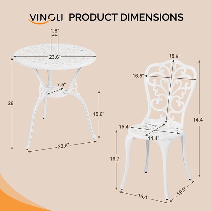 VINGLI 3 PCS Outdoor Bistro Set, Outdoor Patio Set, All-Weather Cast Aluminum Bistro Table Set, Bistro Table and Chairs Set of 2 for Backyard, Garden, Balcony (White, Butterfly)