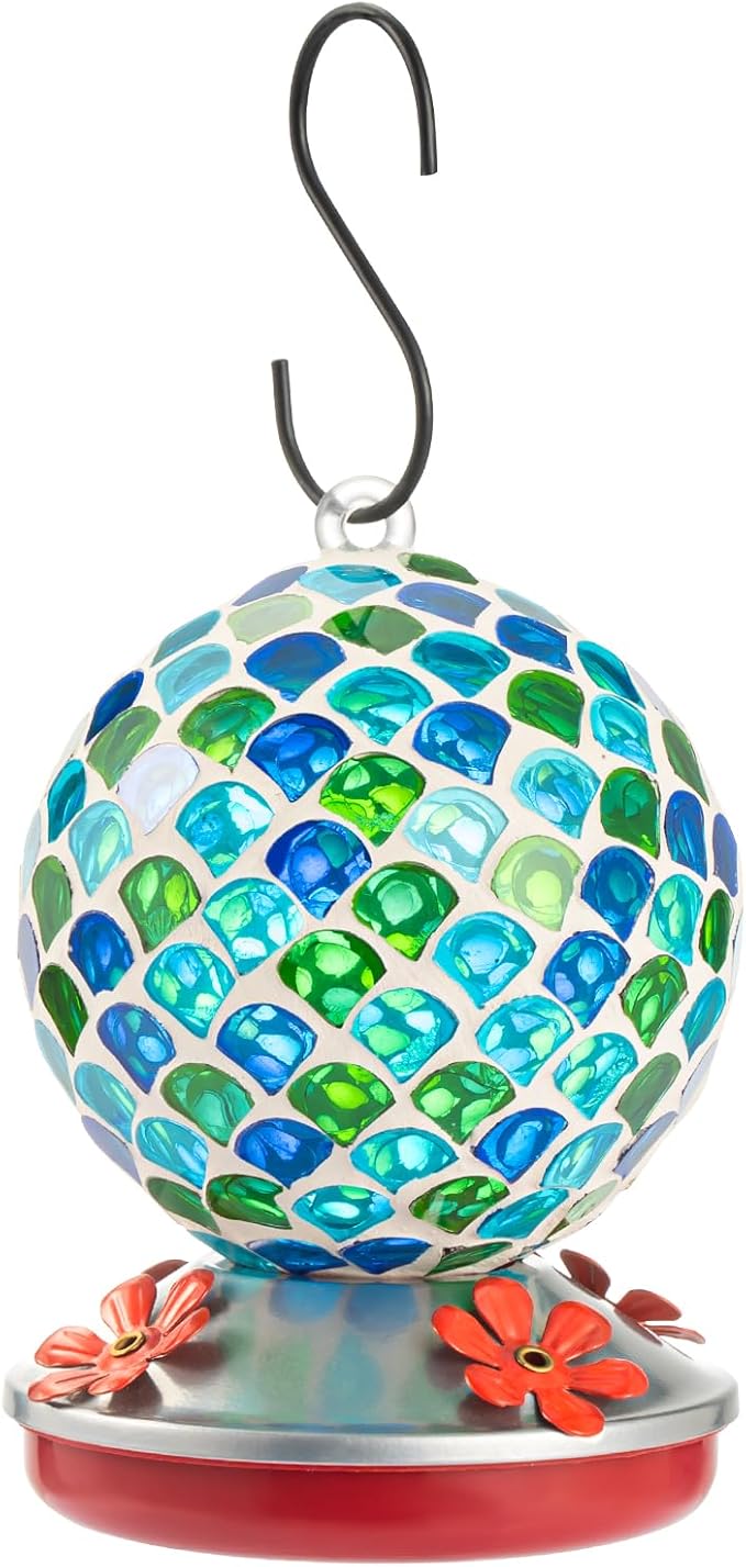 Backyard Expressions Glass Hummingbird Feeder - Blue/Green - Hummingbird Feeders for Outdoors Hanging, Hand Blown Glass Hummingbird Feeder
